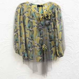 Ryu Tropical Tulle Yellow Blouse Medium w Flowers
